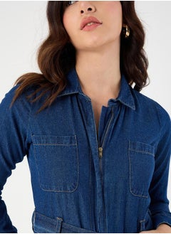 Femmella Zipper Detail Tie-Up Belt Denim Jumpsuit with Pockets by Styli  - Image 3