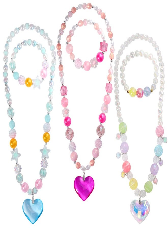 PinkSheep Beads Necklace and Bracelet for Kids, 3 Sets, Little Girls Jewelry Necklace and Bracelet with Heart Pendant, Dress Up Pretend Play Party Favor - Image 1