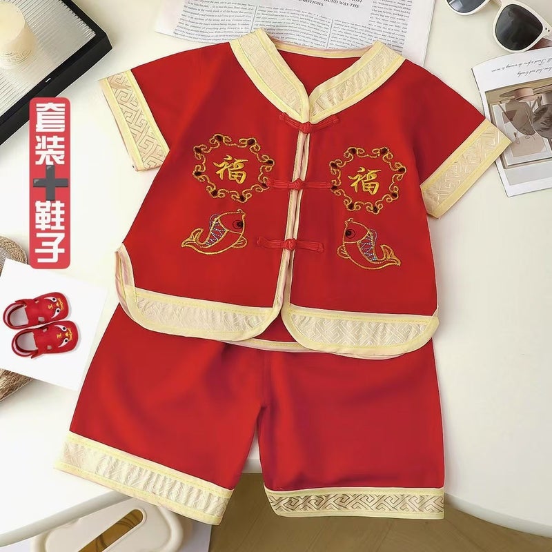 One-Year-Old Clothing Female Treasure Catches Zhou Baby 1.2.3-Year-Old Clothes Boys And Children Summer Tang Dress Birthday Summer Wear - Image 1