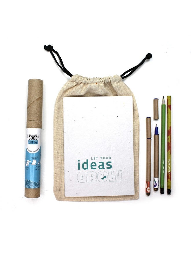 bioQ Plantable Stationery Combo| 2 Seed Pen + 2 Seed Pencil in a Box + 1 Hand-Made Seed-Paper Notepad | Eco Friendly Cotton Bag Packaging | Grow Plants from Notepads Pens & Pencils (Pack of 1) - Image 1