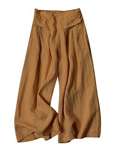 Gihuo Women' s Culottes Linen Blend Wide Leg Pants Elastic Waist Casual Palazzo Trousers with Pockets Capris(Brown-M) - Image 1