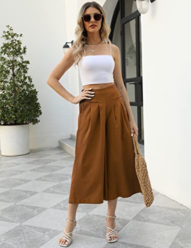 Gihuo Women' s Culottes Linen Blend Wide Leg Pants Elastic Waist Casual Palazzo Trousers with Pockets Capris(Brown-M) - Image 5