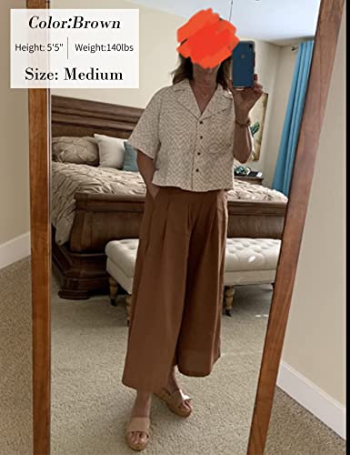 Gihuo Women' s Culottes Linen Blend Wide Leg Pants Elastic Waist Casual Palazzo Trousers with Pockets Capris(Brown-M) - Image 4