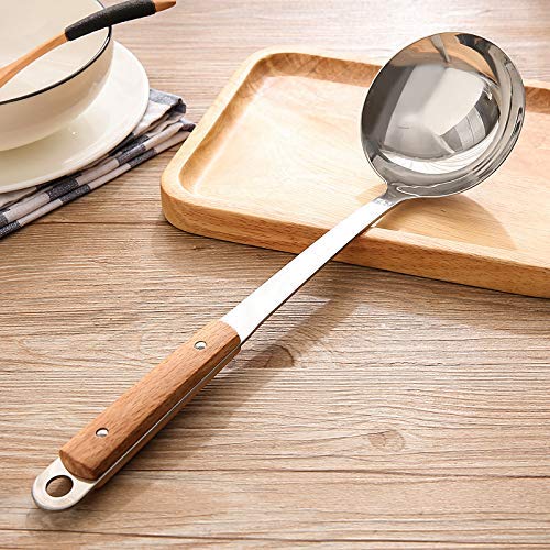SIYANSHU 304 Stainless Steel Long Soup Ladle, Large Soup Pan Ladle with Wooden Heat Resistant Handle, Professional Kitchen Serving Spoons for Soups, Stews, Gravy, Spaghetti Sauce Pack of-1 - Image 2