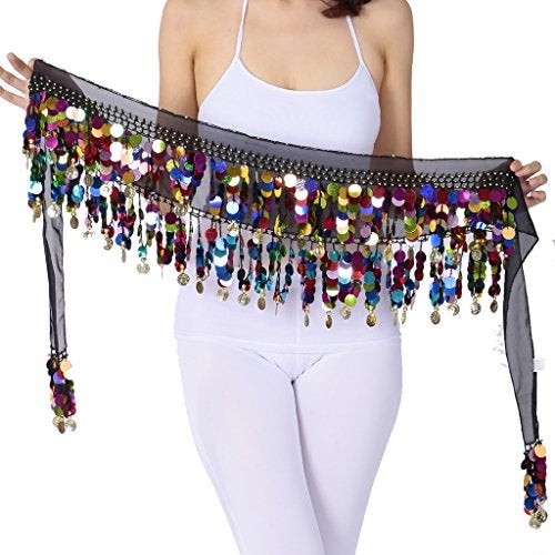 ZLTdream Belly Dance Color Sequin Film Gong Hip Scarf Skirt with Gold Coins for Women Belly Dancer Costume Chiffon Black - Image 1