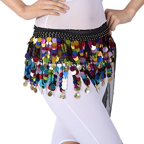 ZLTdream Belly Dance Color Sequin Film Gong Hip Scarf Skirt with Gold Coins for Women Belly Dancer Costume Chiffon Black - Image 3