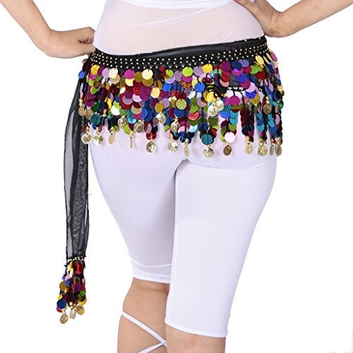 ZLTdream Belly Dance Color Sequin Film Gong Hip Scarf Skirt with Gold Coins for Women Belly Dancer Costume Chiffon Black - Image 4