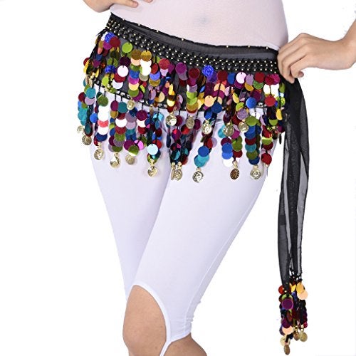 ZLTdream Belly Dance Color Sequin Film Gong Hip Scarf Skirt with Gold Coins for Women Belly Dancer Costume Chiffon Black - Image 2