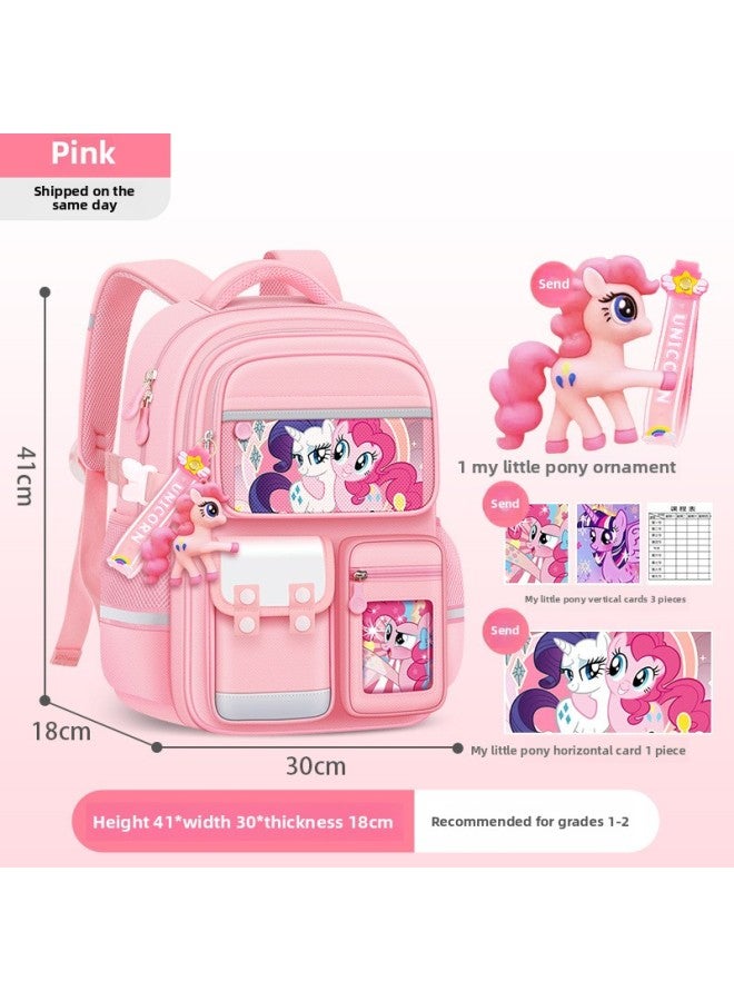 Schoolbag Primary School Student Female 1-3-6 Grade Large Capacity High Color Value Pony Polly Dirt Resistant Children's Schoolbag Reductive Bag-Color:Pink Trumpet-Size:Single School Bag + Three Cards - Image 1