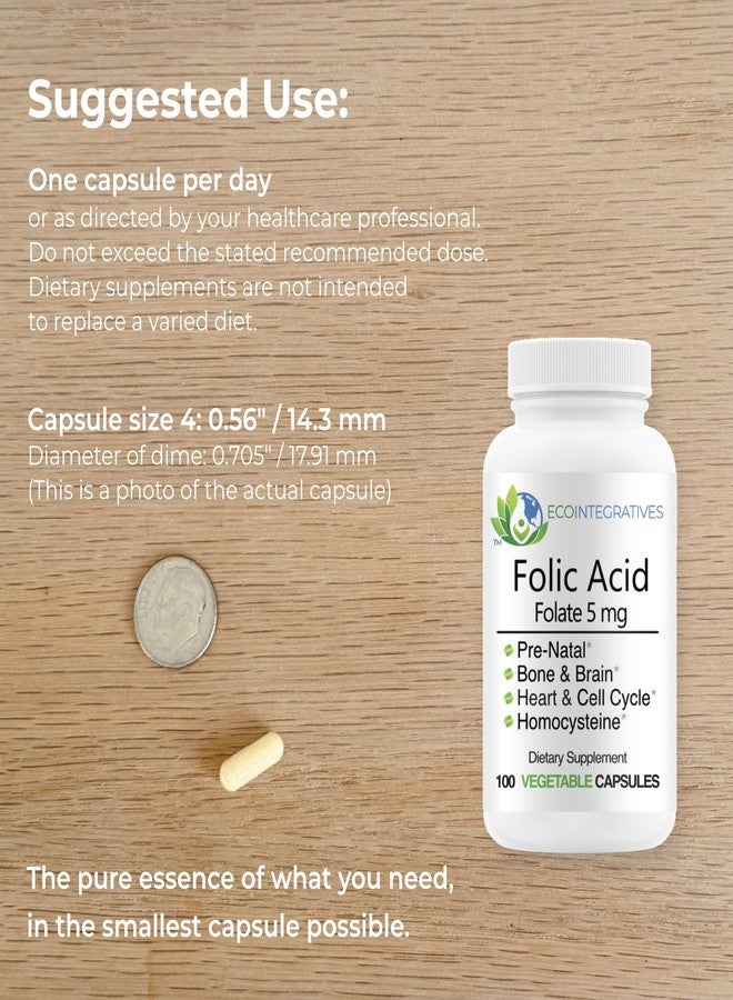 EcoIntegratives Folic Acid Folate 5mg (B9) Prenatal, Reproductive Health, Homocysteine, Metabolism, Cardiovascular, Bone, Immune Support, Allergen Free, Non GMO - 100 Vegan Capsules - Image 2