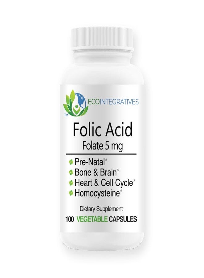 EcoIntegratives Folic Acid Folate 5mg (B9) Prenatal, Reproductive Health, Homocysteine, Metabolism, Cardiovascular, Bone, Immune Support, Allergen Free, Non GMO - 100 Vegan Capsules - Image 1