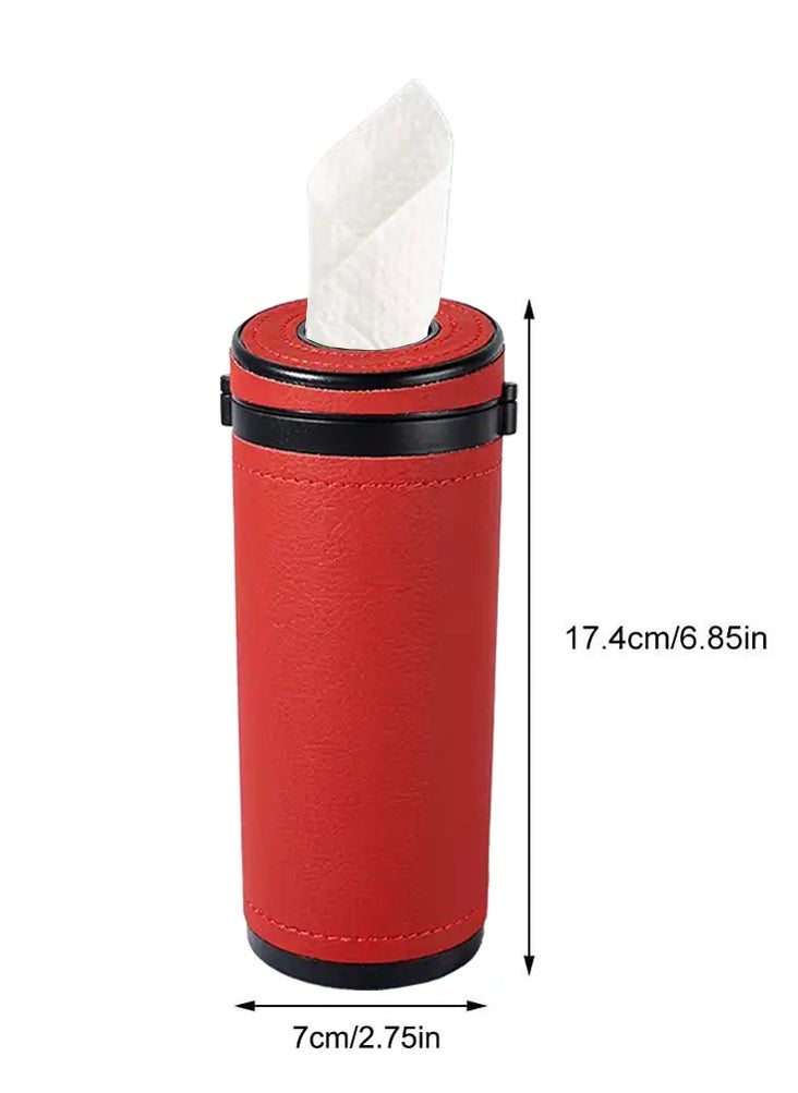 CARONIC 1 Pcs Cylinder Tissue Box for Car, Leather Tissue Box Holder ,Car Interior Leather Tissue Cup Maroon  - Image 2