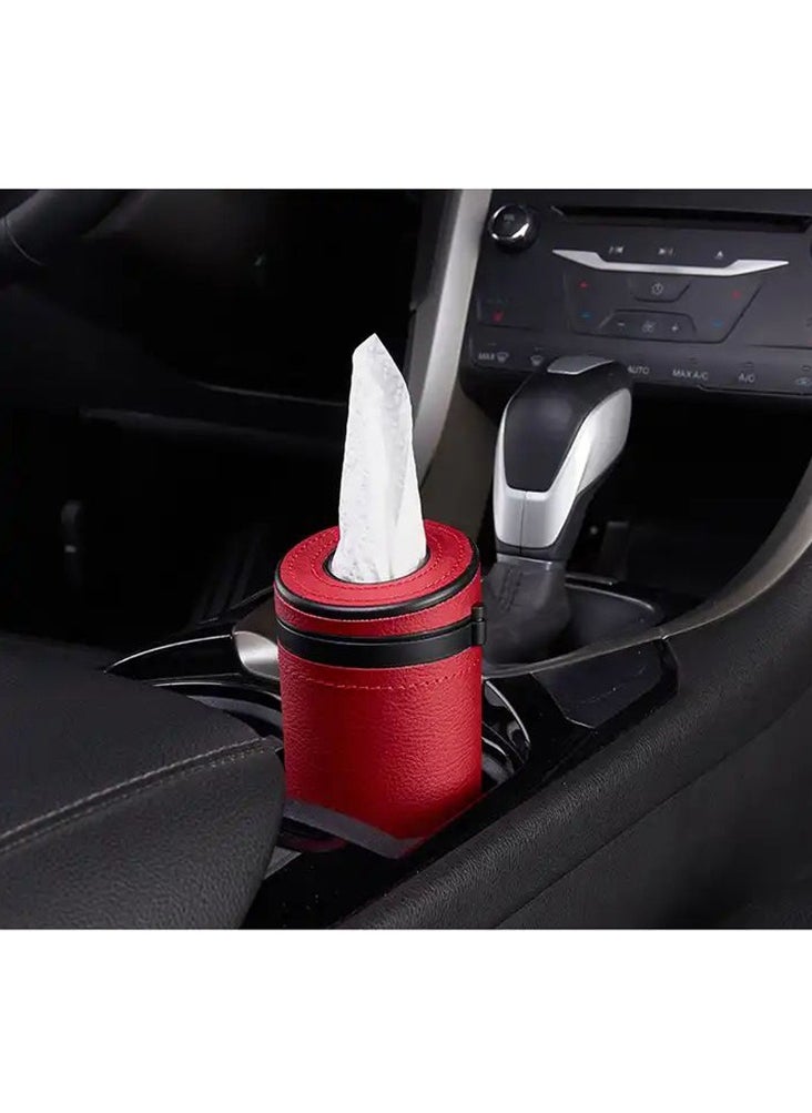 CARONIC 1 Pcs Cylinder Tissue Box for Car, Leather Tissue Box Holder ,Car Interior Leather Tissue Cup Maroon  - Image 3