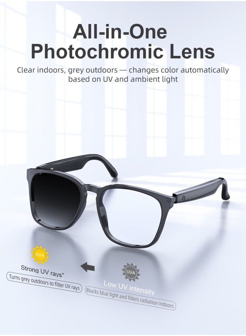 Egolav AI-powered smart glasses with three lens color options, Bluetooth connectivity and long battery life. Perfect for meetings, listening to music, and hands-free calls while driving. Equipped with AI voice assistant, it is waterproof and dustproof, and supports 150 language translation. These versatile touch audio smart glasses make a great gift for business partners, friends, family and classmates during the holidays (black). - Image 2