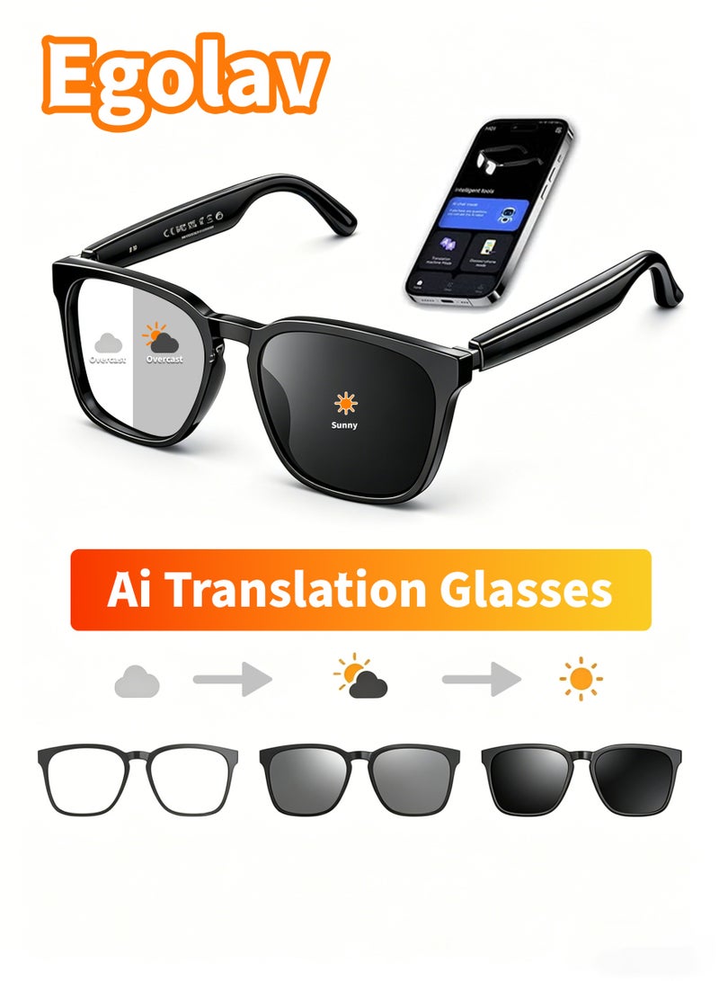 Egolav AI-powered smart glasses with three lens color options, Bluetooth connectivity and long battery life. Perfect for meetings, listening to music, and hands-free calls while driving. Equipped with AI voice assistant, it is waterproof and dustproof, and supports 150 language translation. These versatile touch audio smart glasses make a great gift for business partners, friends, family and classmates during the holidays (black). - Image 1