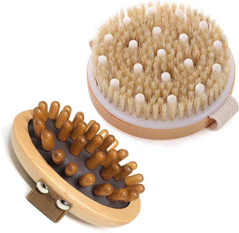 BoAn 2 Piece Shower Brush Set Natural Wooden Massage Brush for Dry Skin Lymphatic Drainage and Cellulite Care Body Brush for Exfoliating Body Scrubber and Cellulite Treatment - Image 1