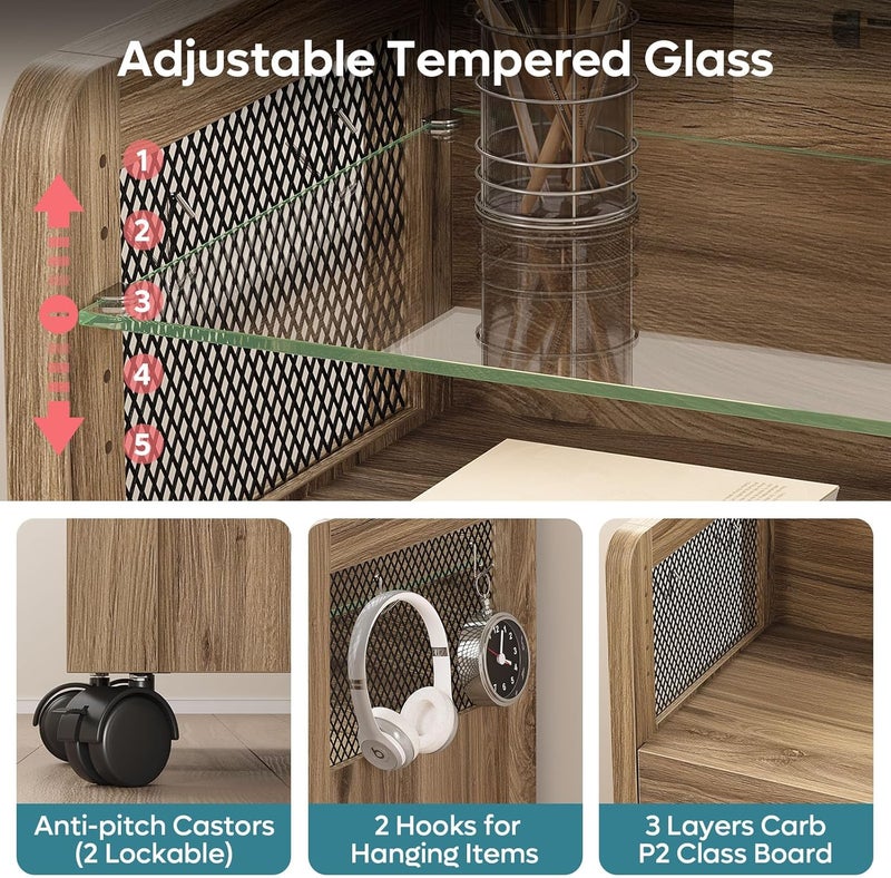 بستير خزانة ملفات جانبية متحركة من Bestier مع درج، بعرض 20 بوصة، خزانة ملفات صغيرة تحت المكتب مع رف تخزين زجاجي مقوى و4 خطافات للمكتب المنزلي، خشب الصنوبر - Image 4