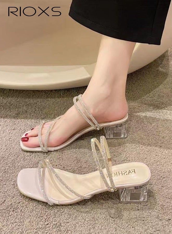 RIOXS Womens Square Toe Sandals, Rhinestone Strappy Heeled Sandals, Transparent Block High Heels For Women, Chunky Heels For Ladies, Thick-heeled Slip-on Slippers, Fashion Open-toes Pumps Shoes, Ladies' Wedding Party Dress Pumps Sandals-Beige Heels  - Image 3
