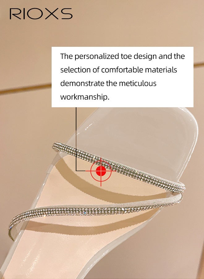 RIOXS Womens Chunky Square Toe Heeled Sandals, Rhinestone Strappy Heeled Mules with Transparent Block, Fashion Slip On Pumps Shoes for Ladies,Versatile Casual Slides Sandal for Party/ Work/ Date/ Wedding, Beige - Image 2