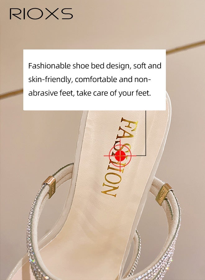 RIOXS Womens Chunky Square Toe Heeled Sandals, Rhinestone Strappy Heeled Mules with Transparent Block, Fashion Slip On Pumps Shoes for Ladies,Versatile Casual Slides Sandal for Party/ Work/ Date/ Wedding, Beige - Image 3