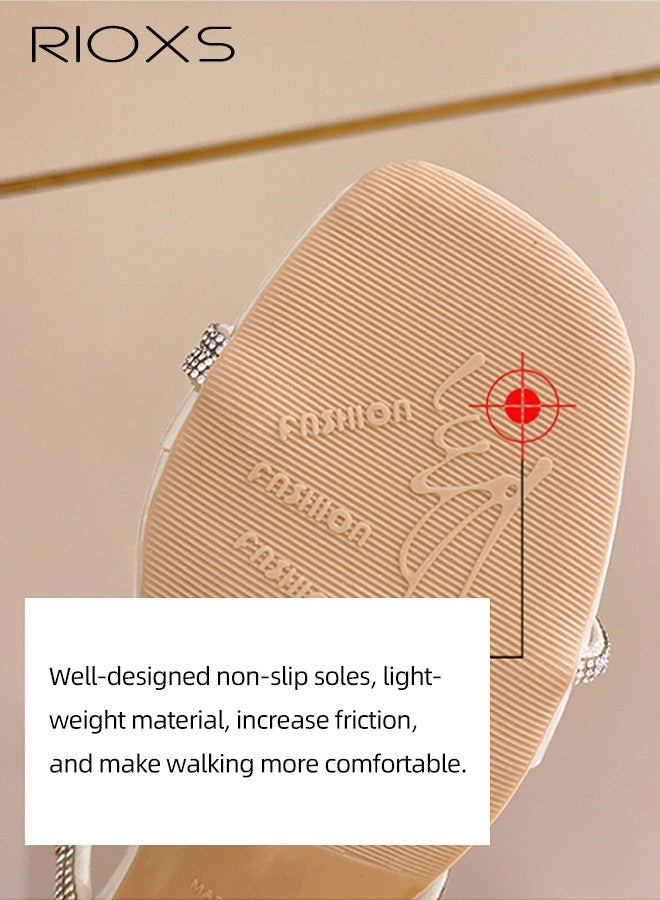 RIOXS Womens Chunky Square Toe Heeled Sandals, Rhinestone Strappy Heeled Mules with Transparent Block, Fashion Slip On Pumps Shoes for Ladies,Versatile Casual Slides Sandal for Party/ Work/ Date/ Wedding, Beige - Image 5