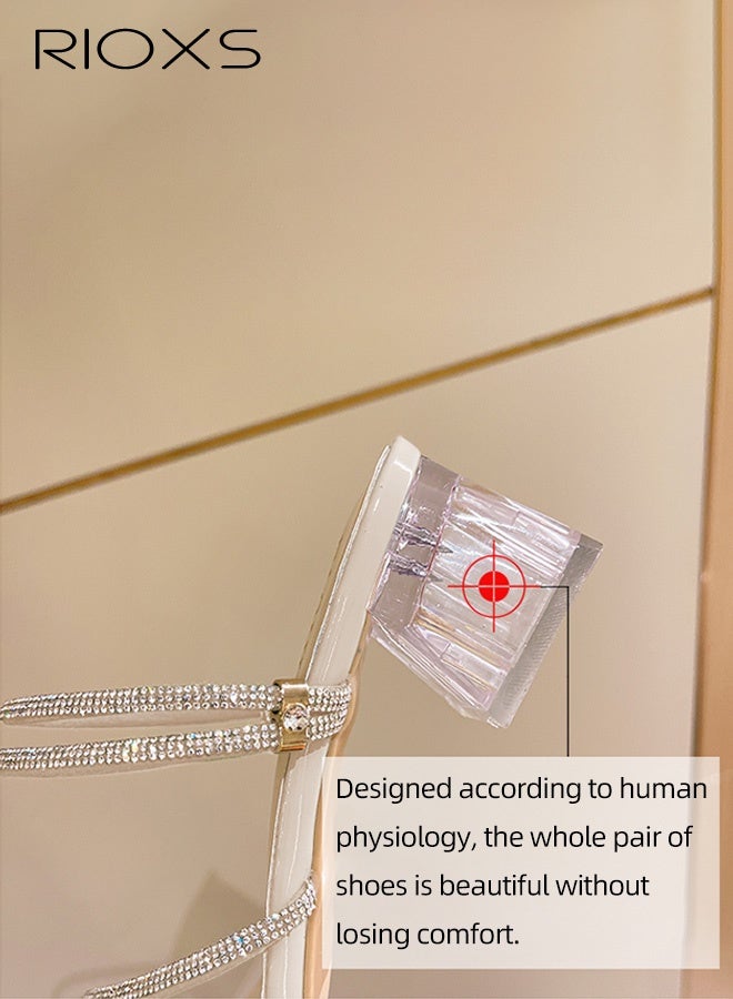 RIOXS Womens Chunky Square Toe Heeled Sandals, Rhinestone Strappy Heeled Mules with Transparent Block, Fashion Slip On Pumps Shoes for Ladies,Versatile Casual Slides Sandal for Party/ Work/ Date/ Wedding, Beige - Image 4