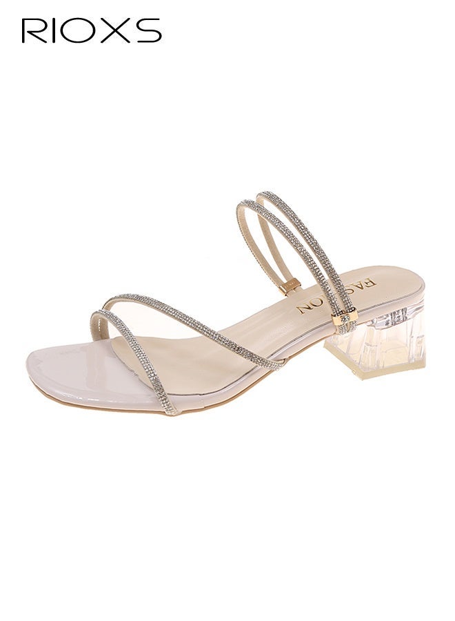 RIOXS Women's Heeled Sandals, Rhinestone Strappy Heeled Sandal, Square Open Toe Ankle Strap Sandals, Ladies Sandals with 6cm Clear Crystal Heels, Classic Slip On Pumps Shoes for Women, Versatile Casual Slides Slippers, Block Low Heels for Wedding Dress Bride, Beige Sandals Fashion Woman Footwear - Image 2