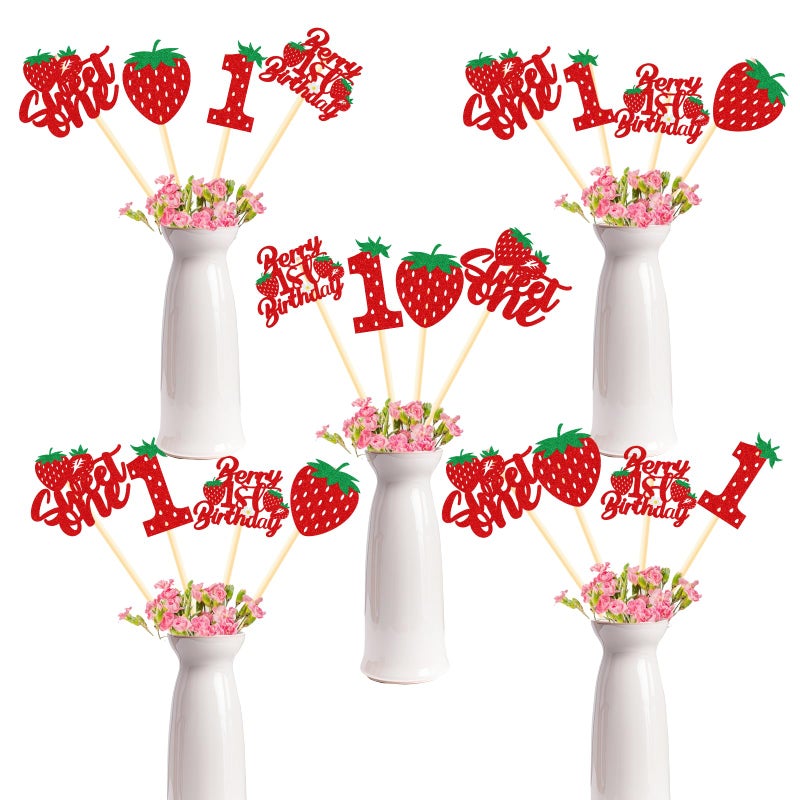 InIsaJace Berry First Birthday Decor 16PCS Berry First Birthday Centerpiece Sticks Deoration 1st Birthday Glitter Table Centerpieces Decorations Strawberry Theme Party Table Toppers Supplies - Image 3