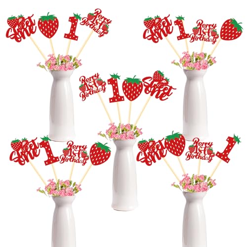 InIsaJace Berry First Birthday Decor 16PCS Berry First Birthday Centerpiece Sticks Deoration 1st Birthday Glitter Table Centerpieces Decorations Strawberry Theme Party Table Toppers Supplies - Image 1
