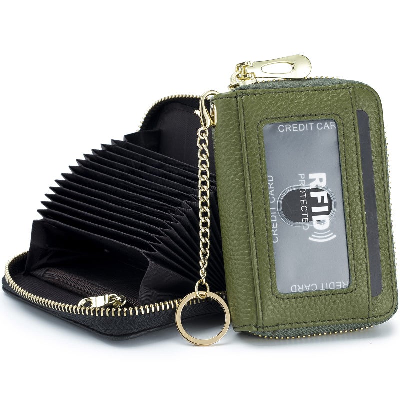 imeetu RFID Credit Card Wallet, Genuine Leather Zipper Card Case Holder with Removable Keychain(Pro - Olive green) - Image 1