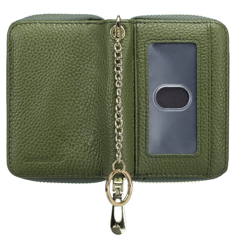 imeetu RFID Credit Card Wallet, Genuine Leather Zipper Card Case Holder with Removable Keychain(Pro - Olive green) - Image 2