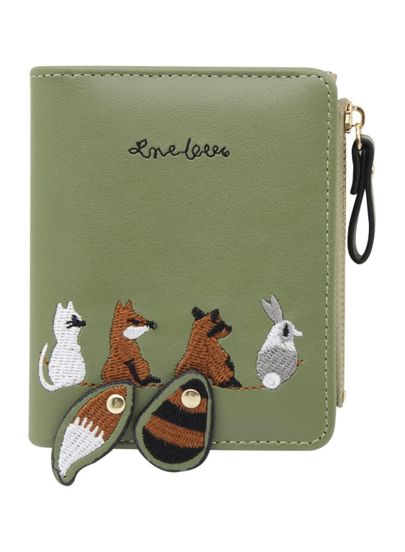 KASTWAVE Cute Embroidery Wallets for Women, Leather RFID Blocking Small Bifold Wallet with Zipper Coin Purse, Portable and Small Wallets with Embroidered Animal Pattern, Green - Image 1