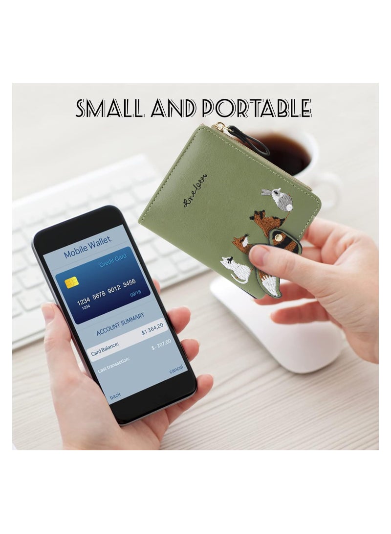 KASTWAVE Cute Embroidery Wallets for Women, Leather RFID Blocking Small Bifold Wallet with Zipper Coin Purse, Portable and Small Wallets with Embroidered Animal Pattern, Green - Image 3