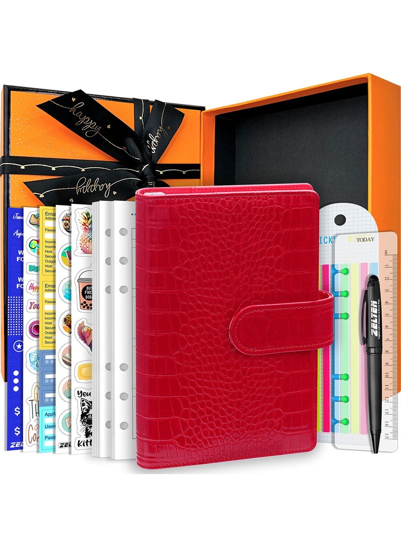 Zelten PU Leather Personal Notebook Planner with 67 Pages Loose-Leaf Papers 6 Holes Ring Binder Pen Holder Magnetic Buckle (Red Faux Crocodile Texture)