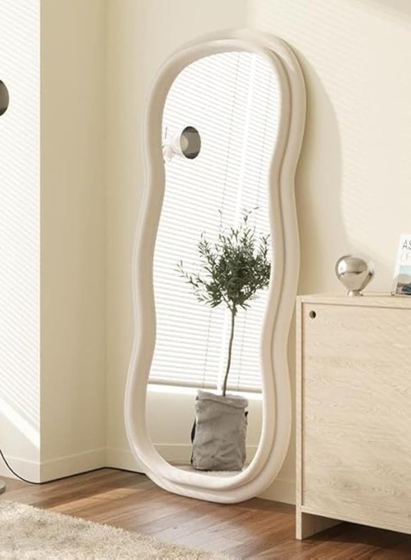 Decorhills Full Length Mirror, Triple Wavy Design, Velvet Frame Mirror, Off White Mirror, Wall Mount & Standing for Living Room, Bedroom, Dressing Room - Image 1