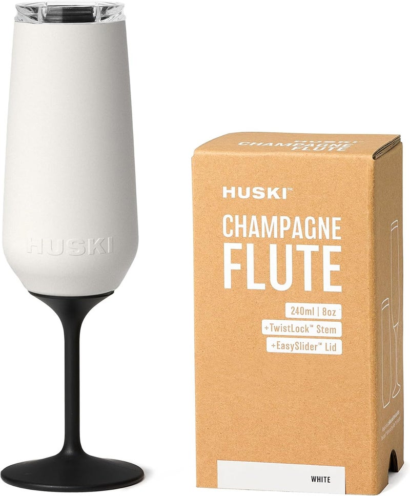 Huski Champagne Flute | NEW | Award-winning Design with Detachable Stem | Premium Stainless Steel Champagne Glass with Lid | Triple Insulated Tumbler | 8oz Capacity | Great Gift (White) - Image 1