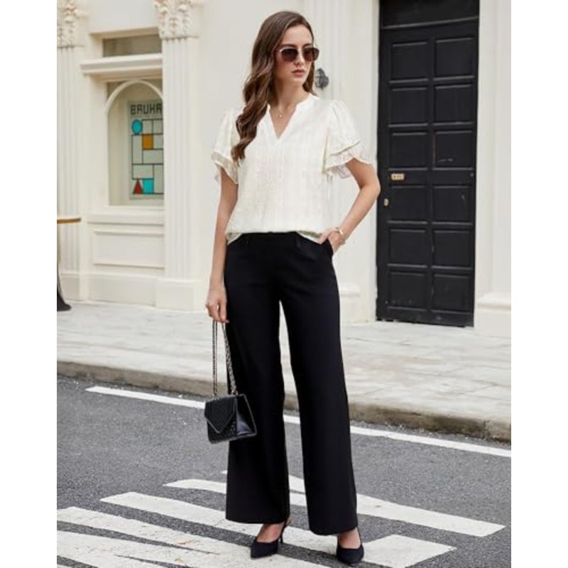 Lotusmile Elegant Chiffon Blouse for Women, Summer, Puff Blossoms, Short Sleeves, V-Neck, Casual Work Top - Image 3