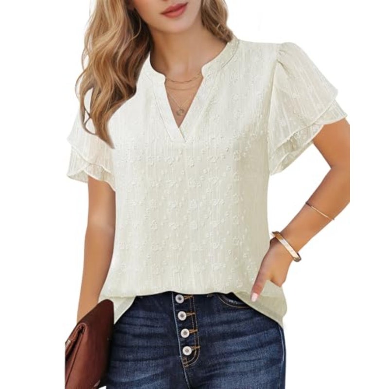 Lotusmile Elegant Chiffon Blouse for Women, Summer, Puff Blossoms, Short Sleeves, V-Neck, Casual Work Top - Image 2