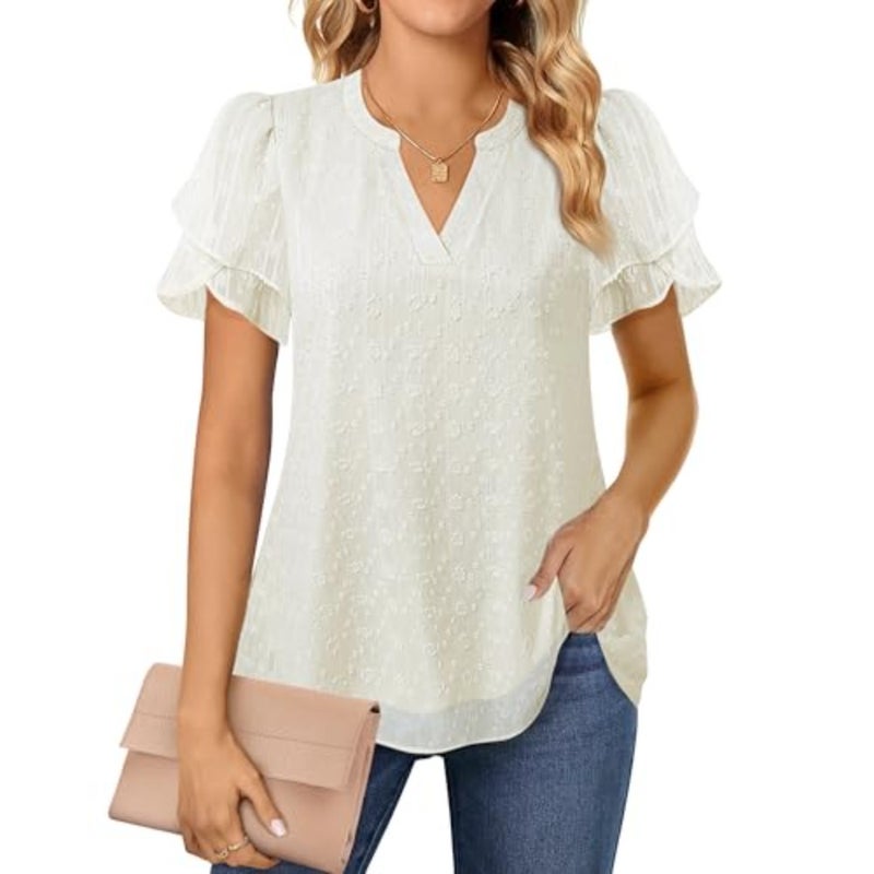 Lotusmile Elegant Chiffon Blouse for Women, Summer, Puff Blossoms, Short Sleeves, V-Neck, Casual Work Top - Image 4