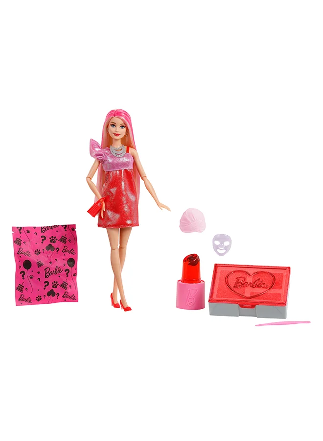 Barbie Party Unboxed Doll & Accessories, Glam Party Series With 10 Surprises Including Color-Change, Red Sparkle Doll