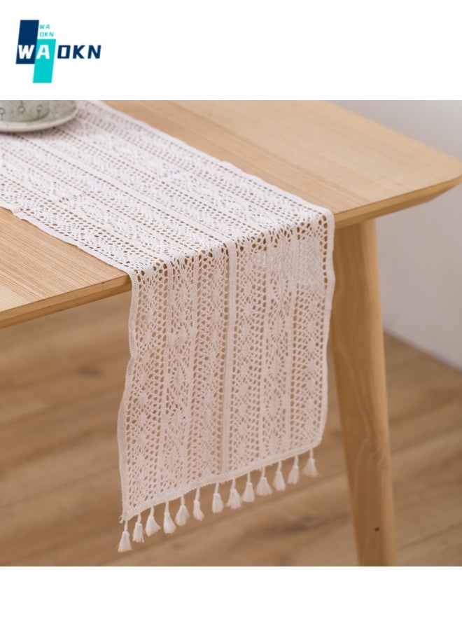 Lace Table Runner for Home Decoration Bohemian Tablecloth with Tassels for Dining Room Bedroom Decoration Rustic Table Decoration (White, 30x180cm)