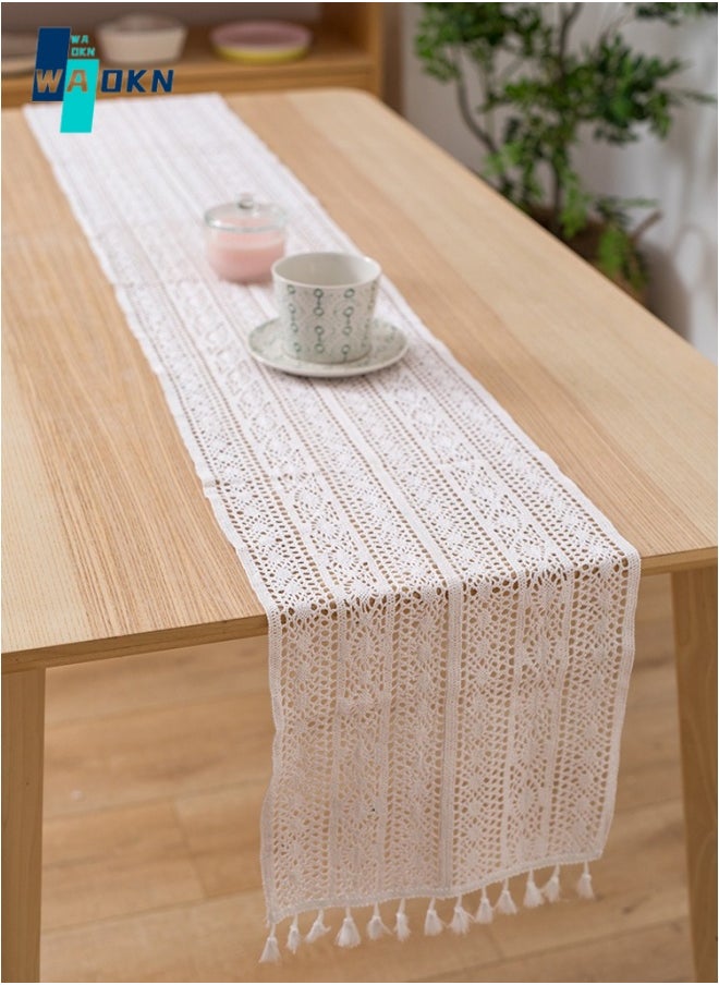 Lace Table Runner for Home Decoration Bohemian Tablecloth with Tassels for Dining Room Bedroom Decoration Rustic Table Decoration (White, 30x180cm)