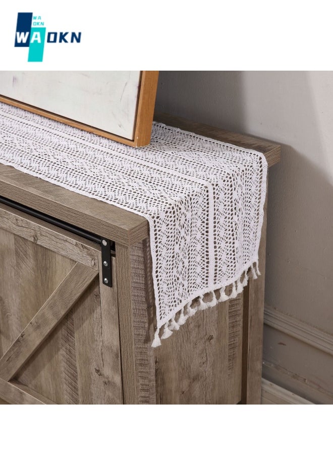 Lace Table Runner for Home Decoration Bohemian Tablecloth with Tassels for Dining Room Bedroom Decoration Rustic Table Decoration (White, 30x180cm)