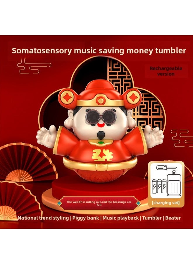 Year's God Of Wealth Piggy Bank Tumbler Body Sense Music Toy Baby Baby Early Education Kindergarten Coax Baby Artifact-Color:God Of Wealth's Body Feeling Music-Piggy Bank Tumbler [Rechargeable Edition] 3 No.5 Batteries - Image 1