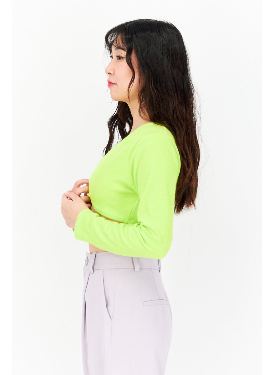 I SAW IT FIRST - Women Keyhole Neckline Solid Long Sleeve Crop Top, Lime Green - Image 1