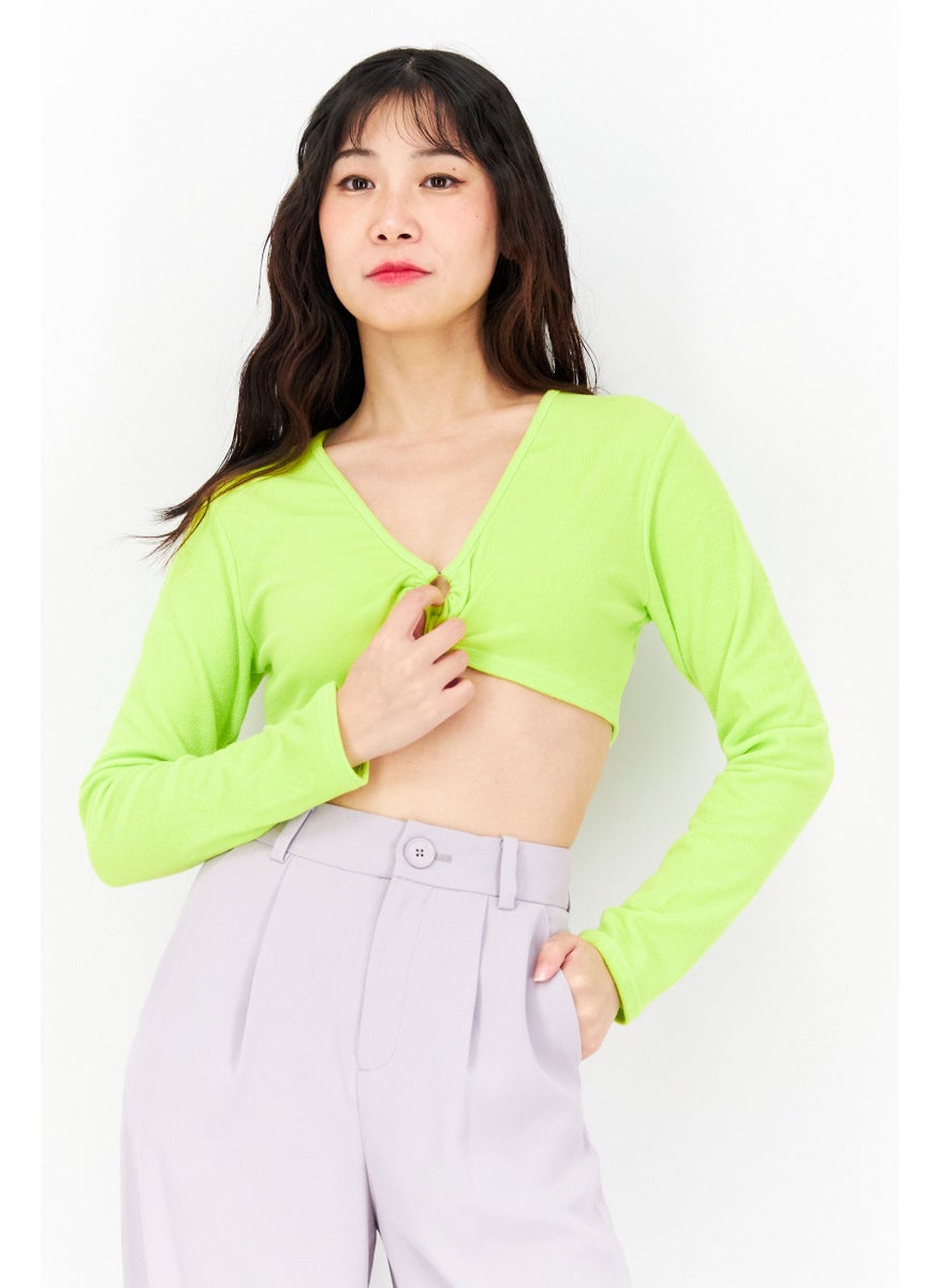 I SAW IT FIRST - Women Keyhole Neckline Solid Long Sleeve Crop Top, Lime Green - Image 1