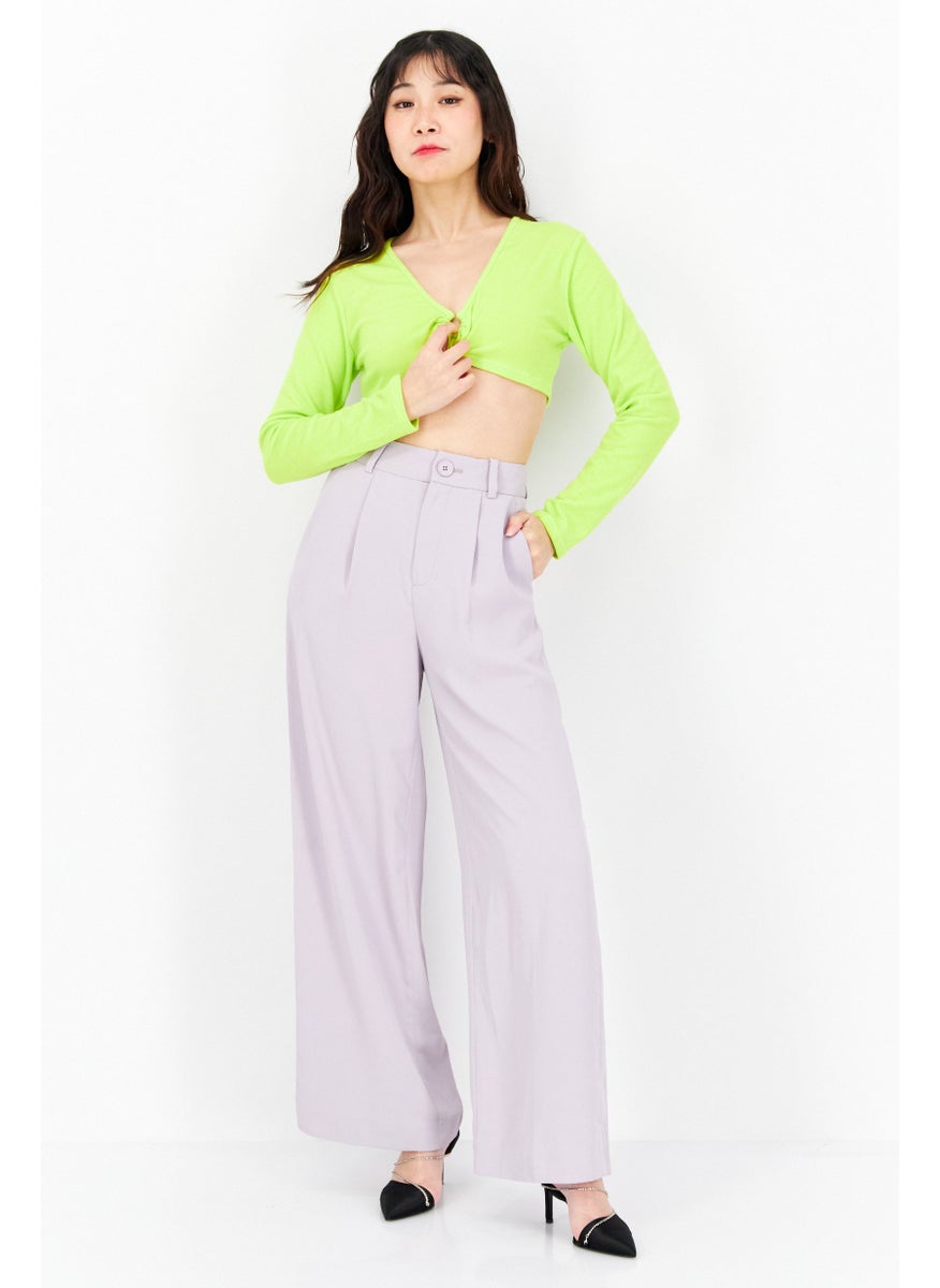 I SAW IT FIRST - Women Keyhole Neckline Solid Long Sleeve Crop Top, Lime Green - Image 1
