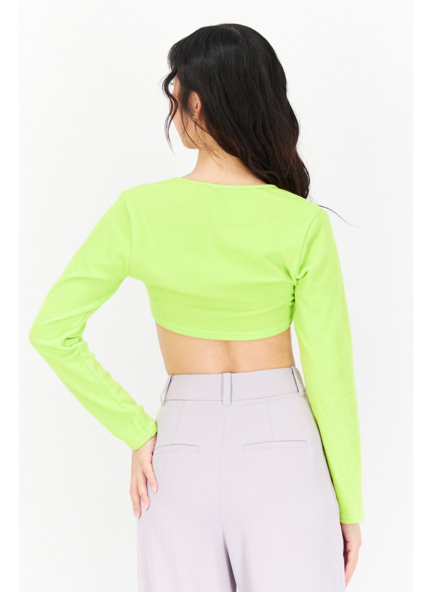 I SAW IT FIRST - Women Keyhole Neckline Solid Long Sleeve Crop Top, Lime Green - Image 1