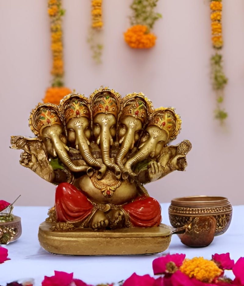 Purpledip Stone Finish Idol Panchmukhi Ganesha Painted Resin Statue for Home Temple 12374