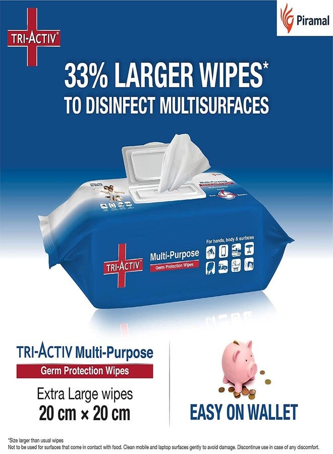 Tri-Activ Disinfecting and Sanitizing Multipurpose Germ Protection Wipes | 33% Extra Large 80 Wipes Lid pack| Pack of 2, White - Image 2